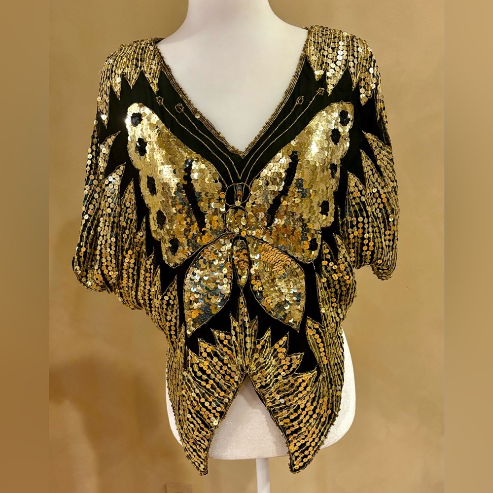 Vintage Exclusive black and gold sequin butterfly silk top trending party disco